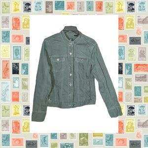 French Cuff Grayish Green Button Jean Jacket Zip & Button Flap Pockets Women M